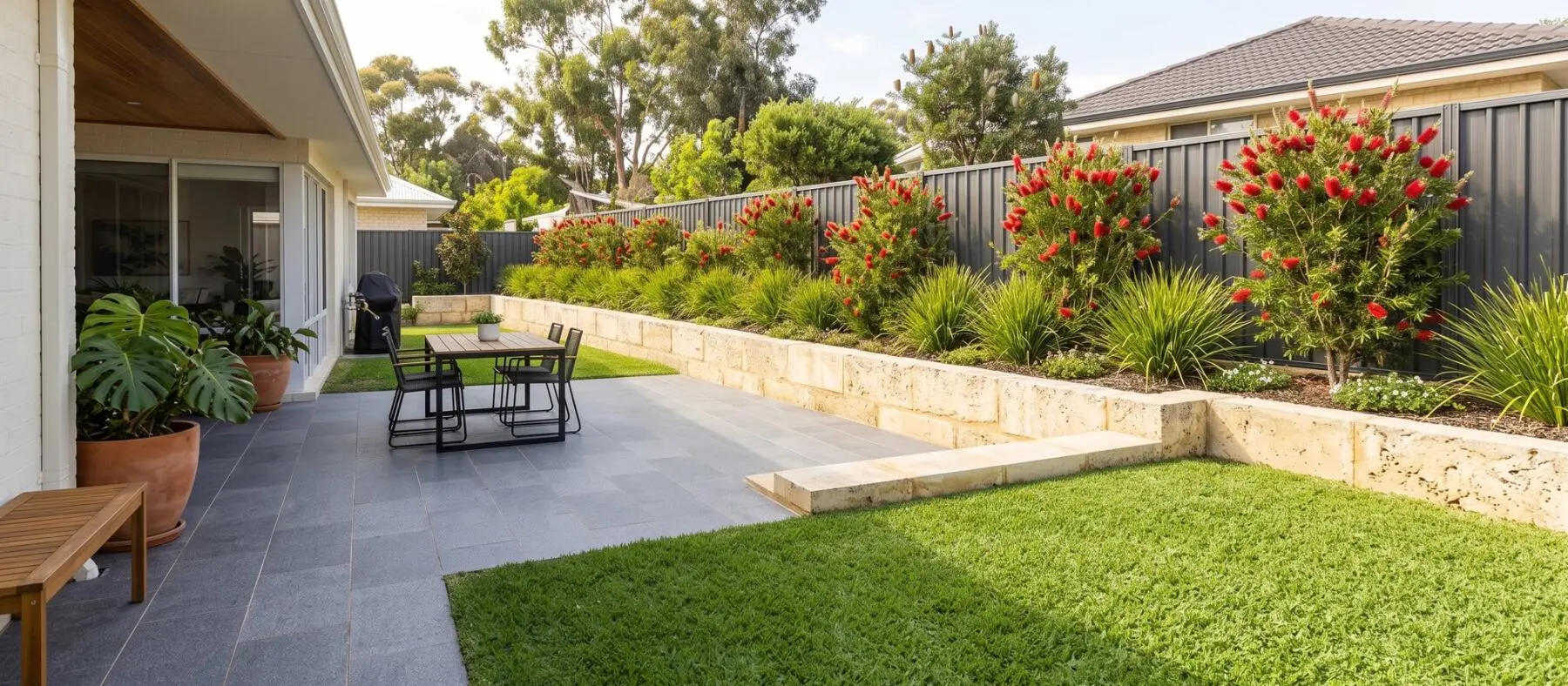 Paved alfresco area and limestone retaining in a finished Perth backyard