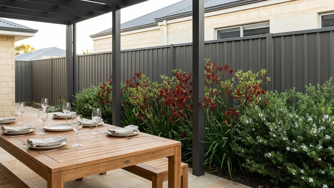 Outdoor dining setting on a paved Perth alfresco under a pergola, with native garden beds beside it