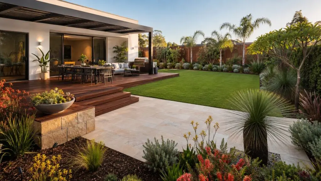 Finished Perth backyard with decking, limestone paving, native planting and lawn