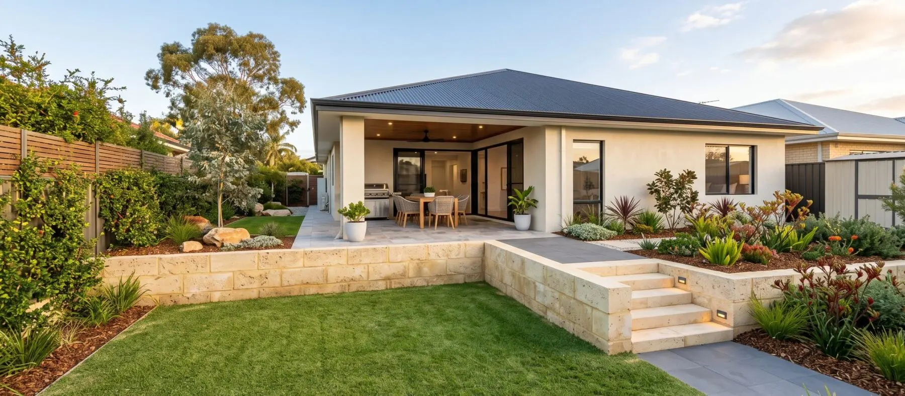 Completed Perth backyard looking back at a single-storey home over a level couch lawn
