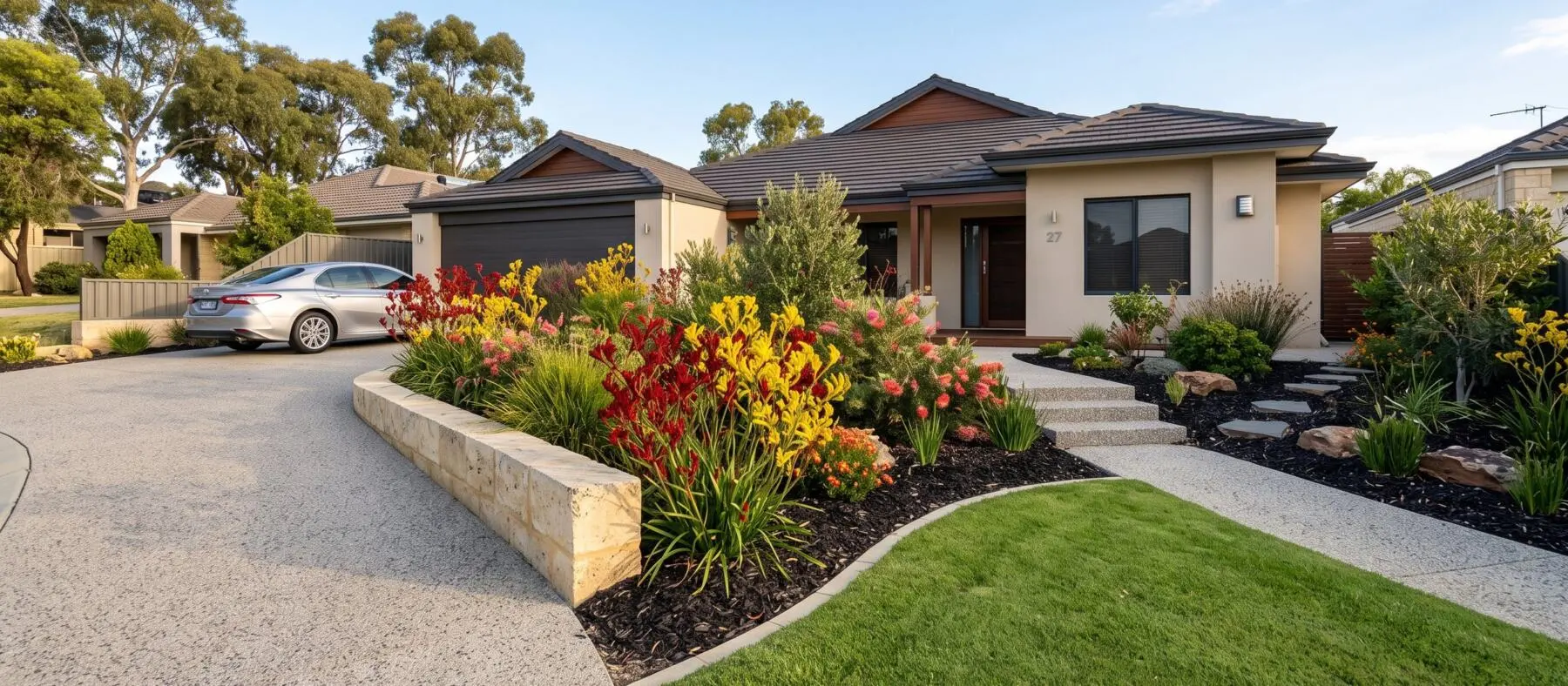 Landscaped Perth front garden with exposed aggregate driveway and waterwise planting