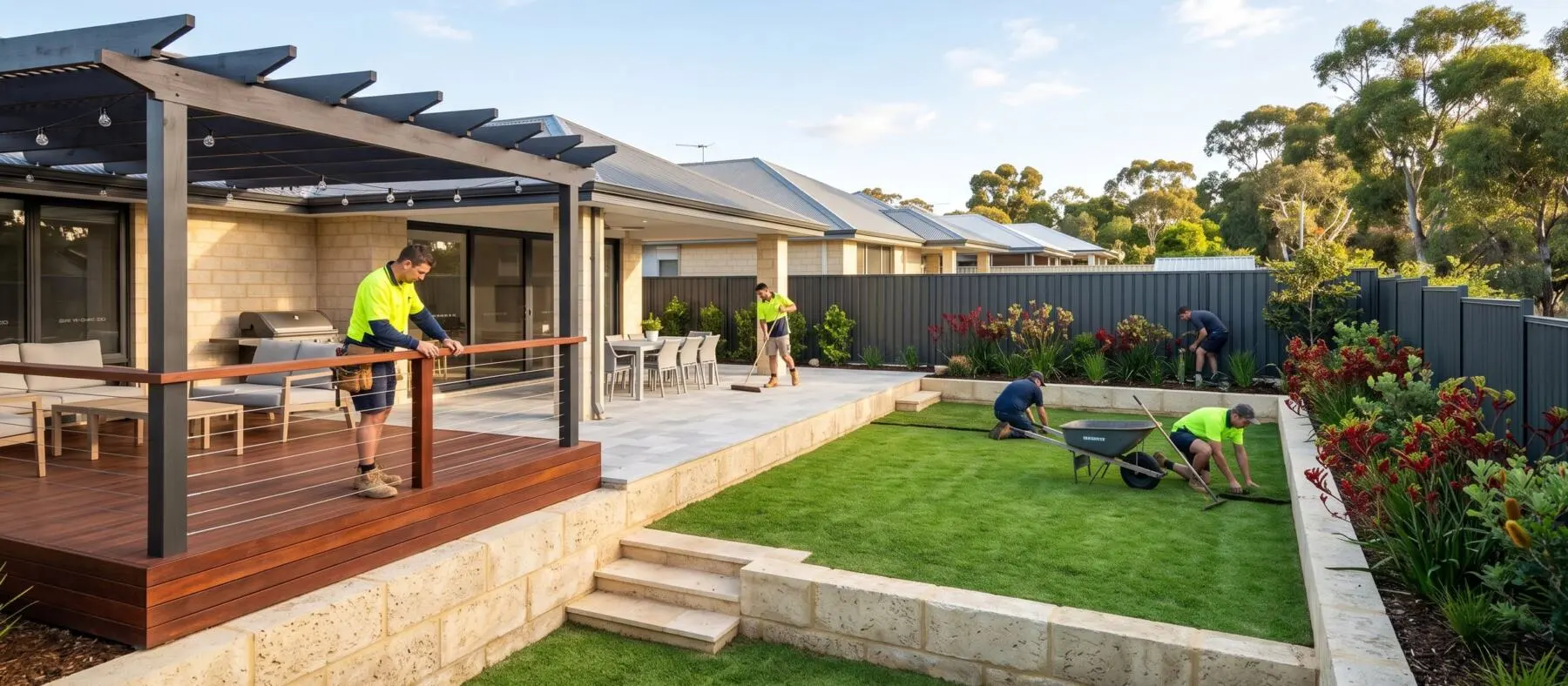 Finished Perth backyard showing limestone retaining, paving, lawn, decking and native planting together