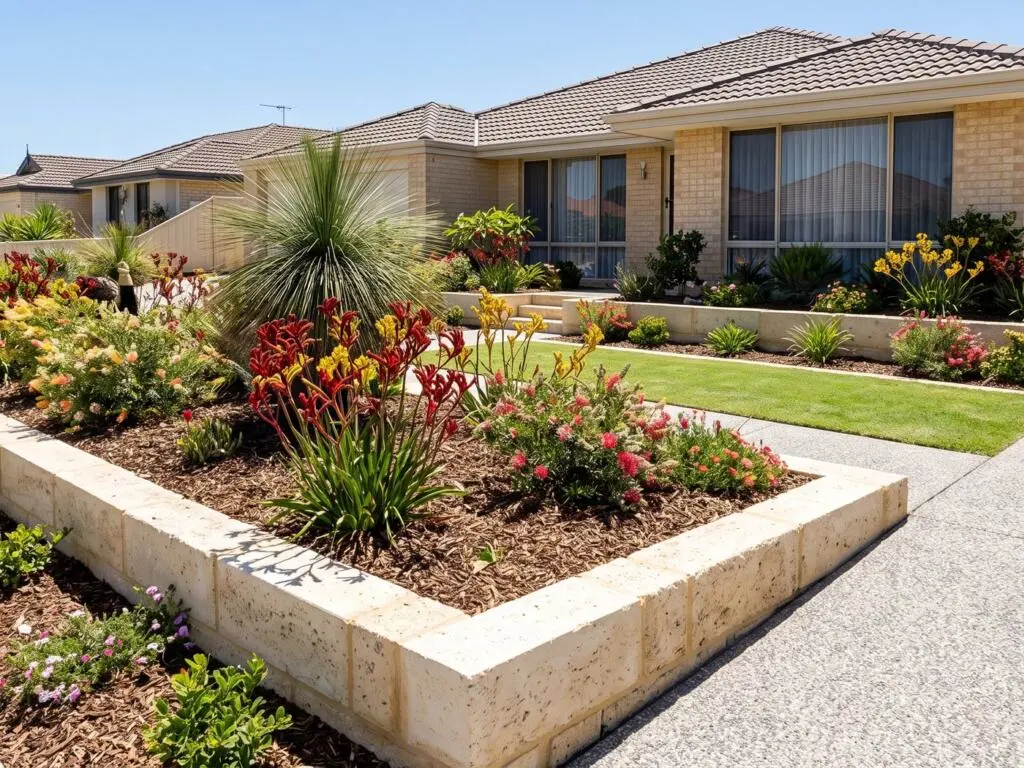 Waterwise Canning Vale front garden with limestone raised beds and kangaroo paw