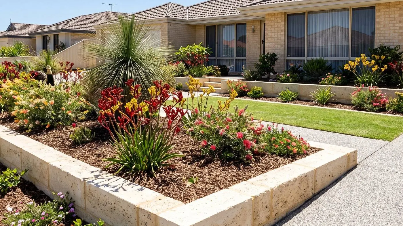 Waterwise Canning Vale front garden with limestone raised beds and kangaroo paw
