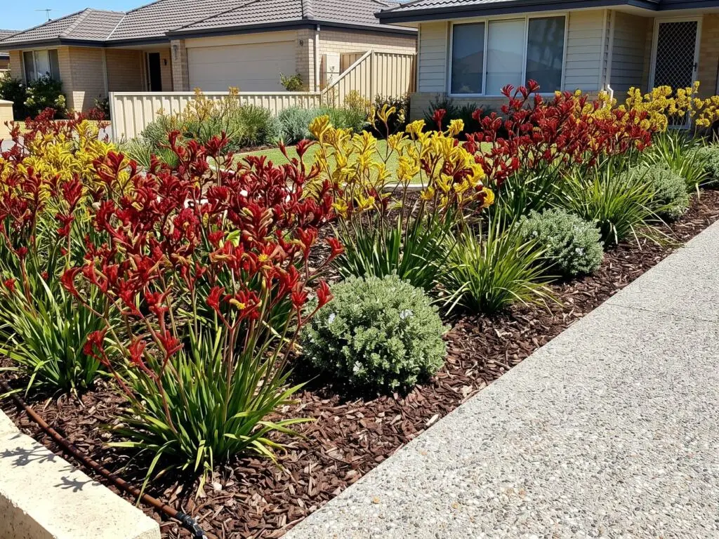 Mass planted kangaroo paw in mulched beds beside an exposed aggregate path