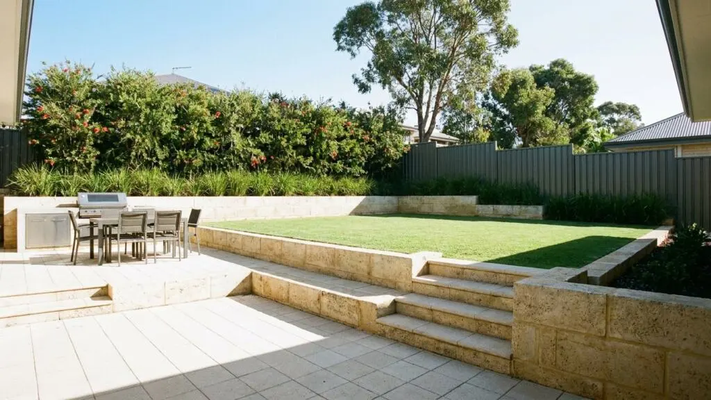 Duncraig family backyard with tiered limestone retaining, paved alfresco and a level couch lawn