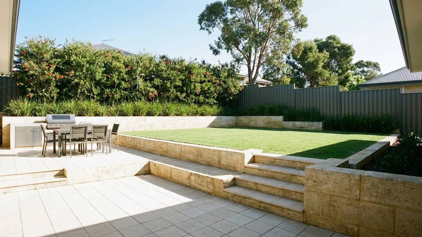 Duncraig family backyard with tiered limestone retaining, paved alfresco and a level couch lawn