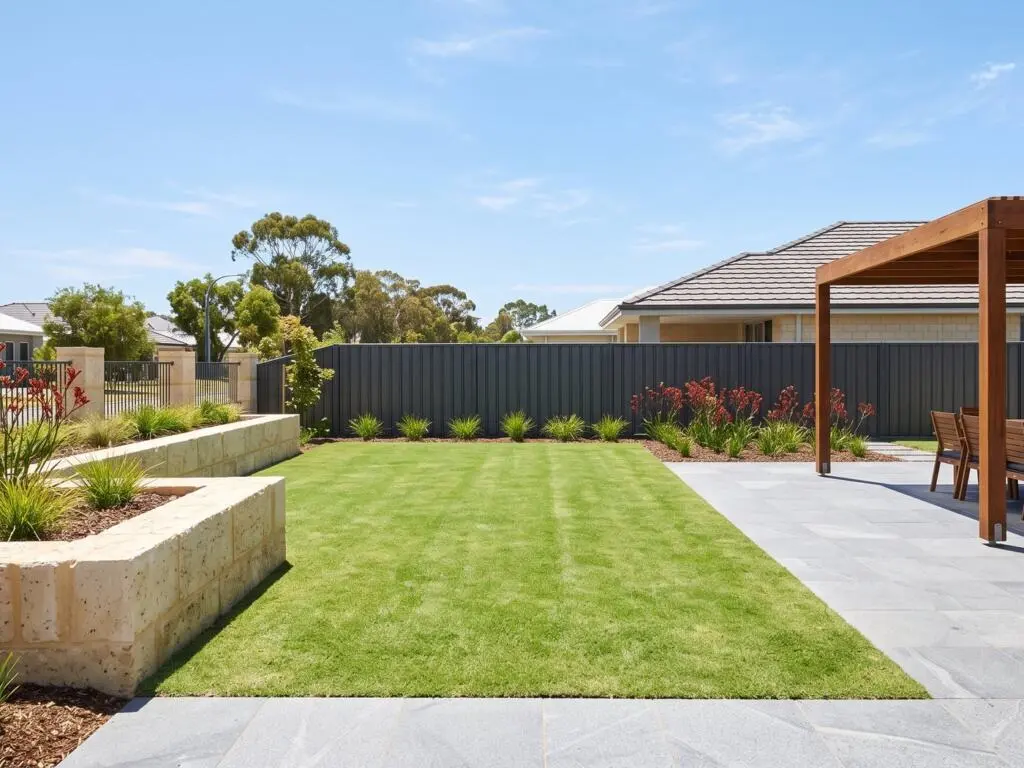 Duncraig family backyard with limestone retaining, a level lawn and a timber pergola