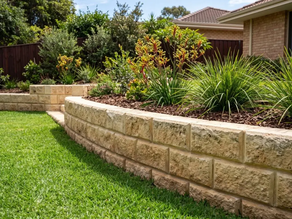 Limestone block retaining wall in a Duncraig backyard with couch lawn running up to it