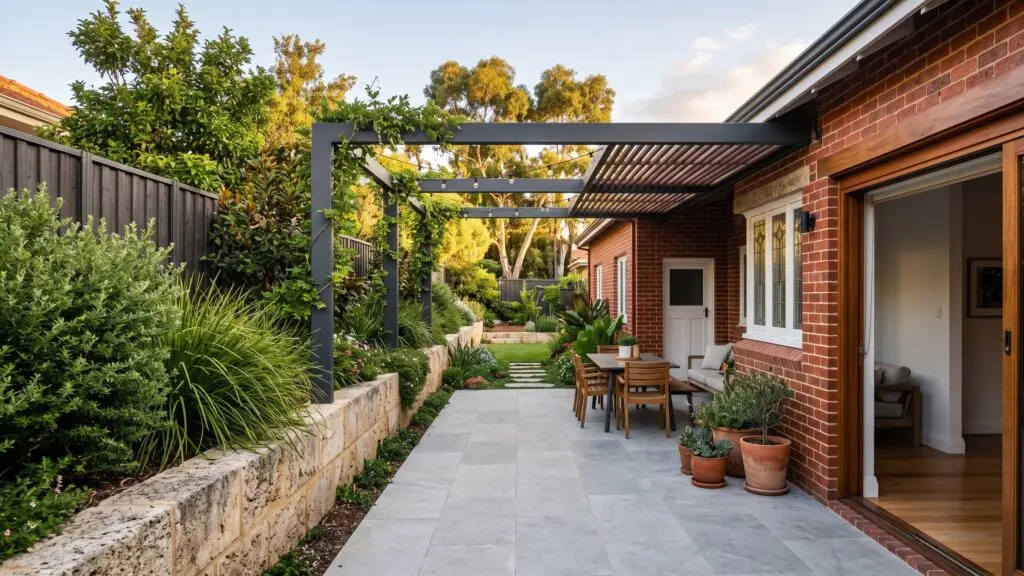 Mount Lawley backyard with paving set level to the internal floor and a steel pergola overhead