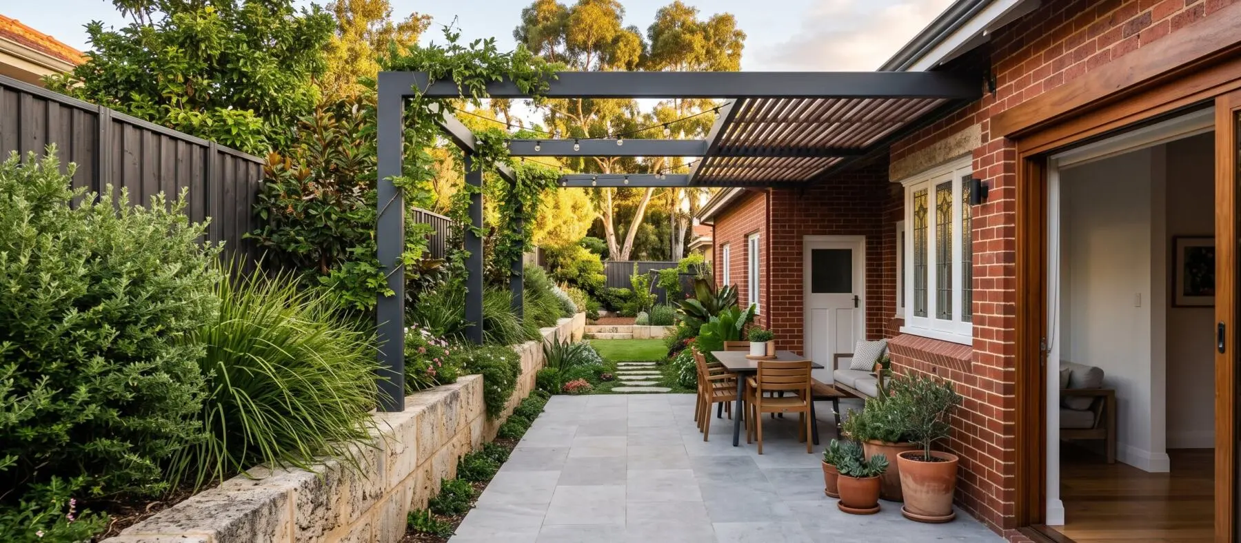 Mount Lawley backyard with paving set level to the internal floor and a steel pergola overhead