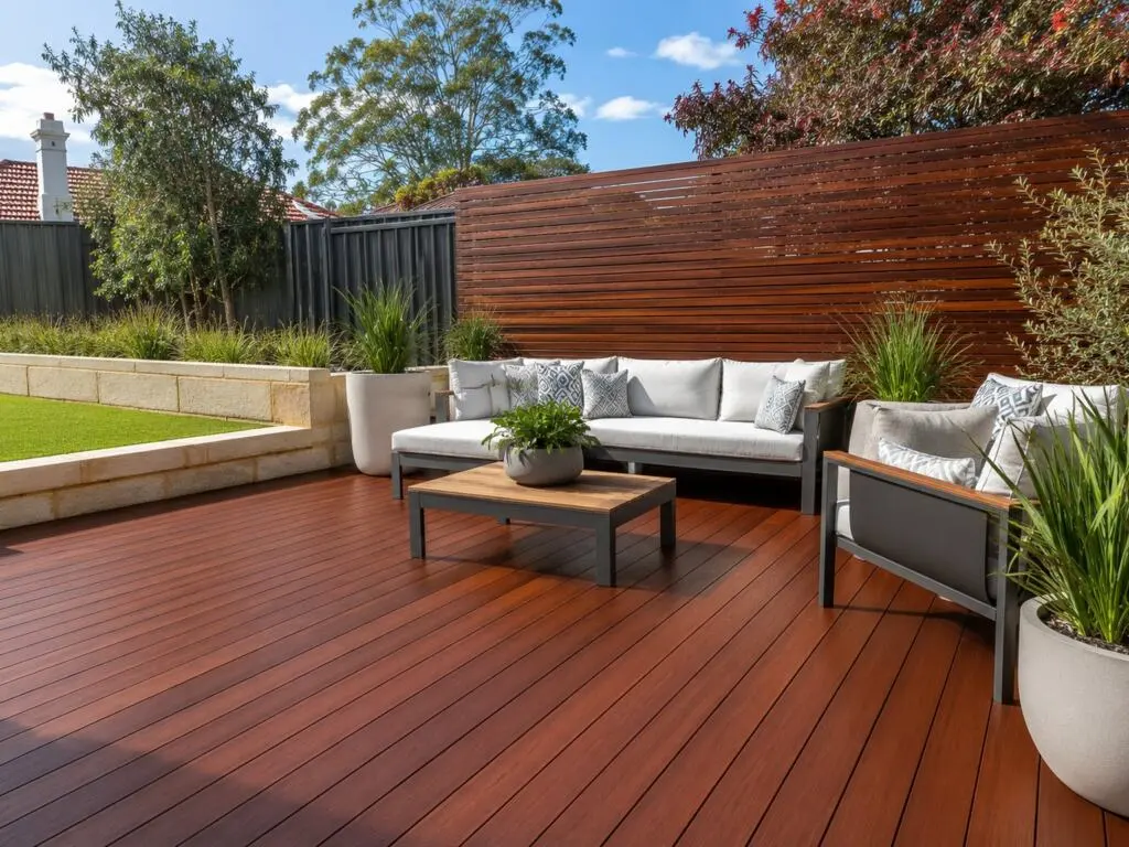 Outdoor lounge setting on a new timber deck in a Mount Lawley backyard with limestone retaining behind