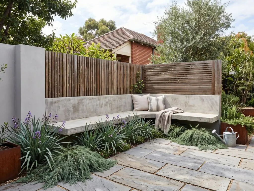Built-in concrete bench seat along a paved Mount Lawley courtyard with a timber slat screen