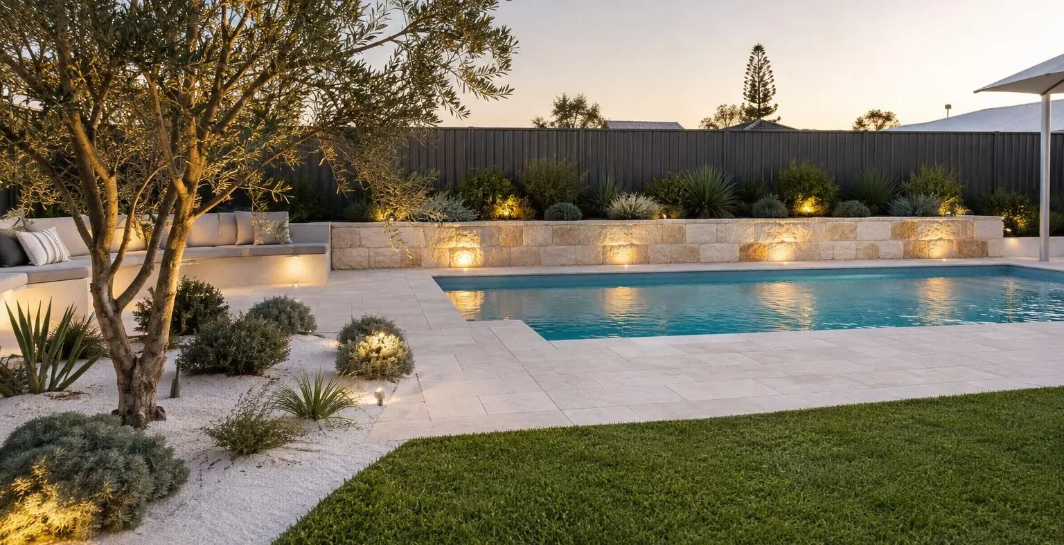 New pool surrounded by travertine paving and a limestone feature wall in a Scarborough coastal garden