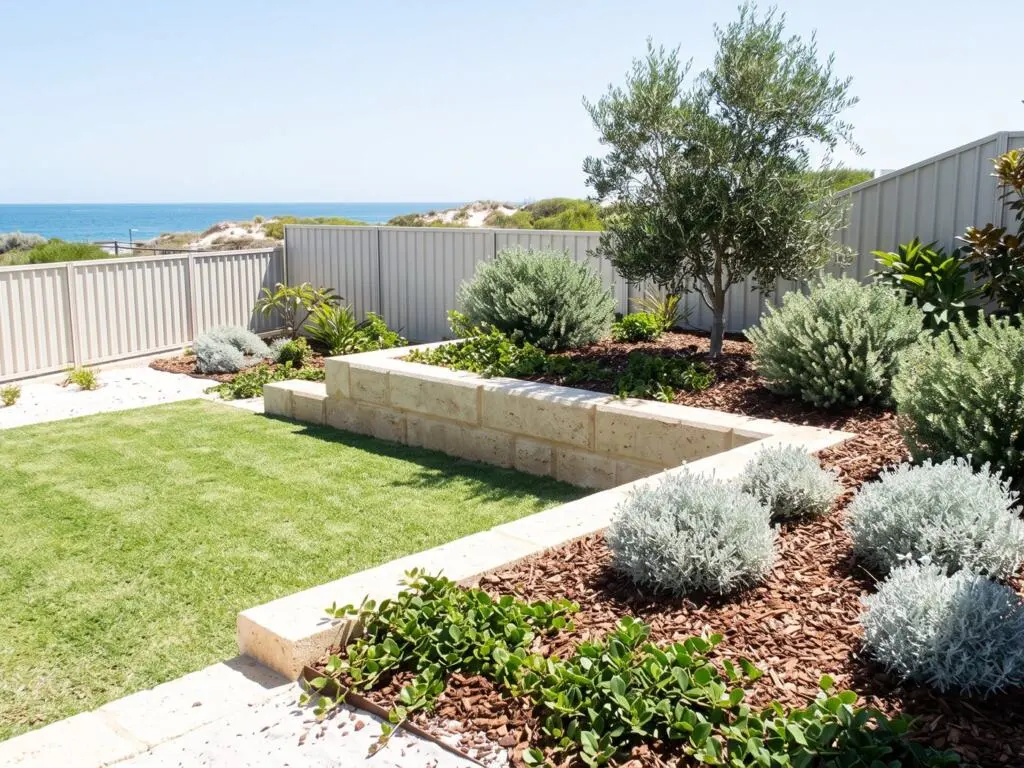 Coastal Scarborough garden with olive and cushion bush planting above the ocean