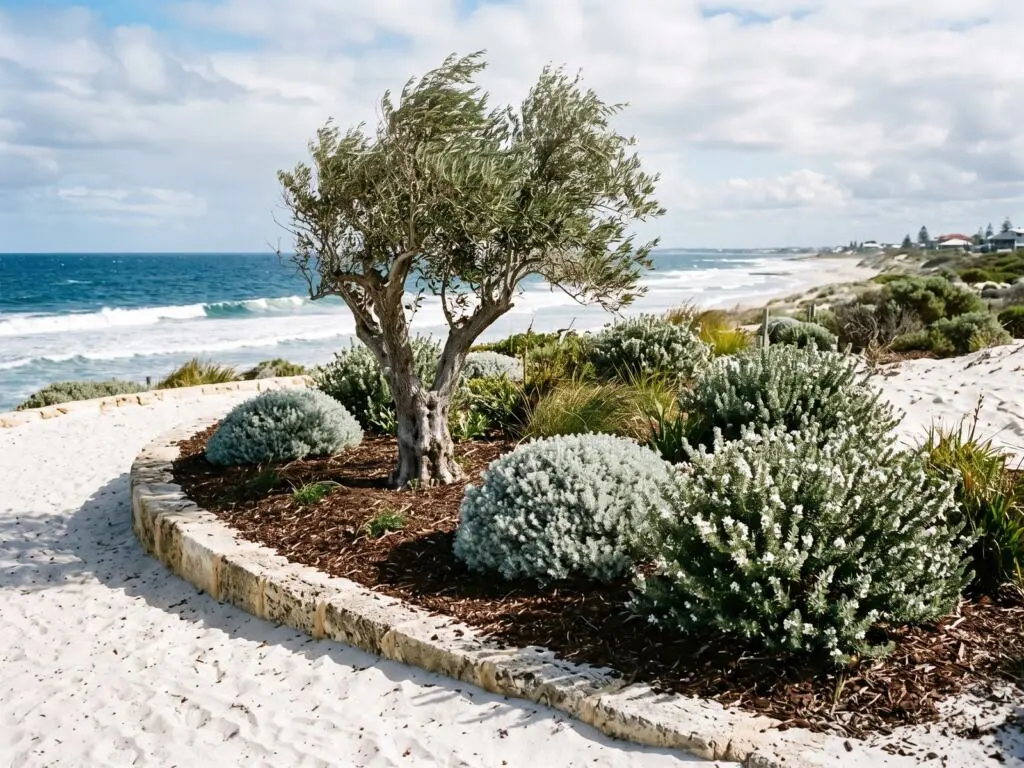Coastal Scarborough garden bed on white sand with olive, cushion bush and Westringia