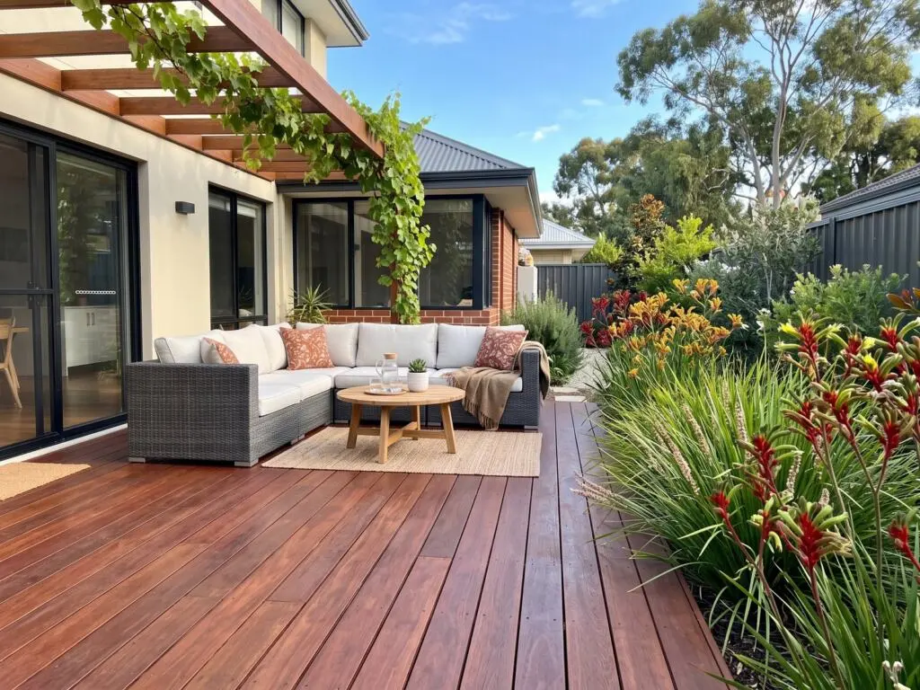 Jarrah deck boards laid off the back of a Perth home beside native garden planting