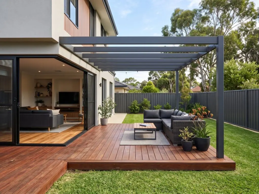 Powder coated steel pergola over a jarrah deck at a Perth home, opening onto the lawn
