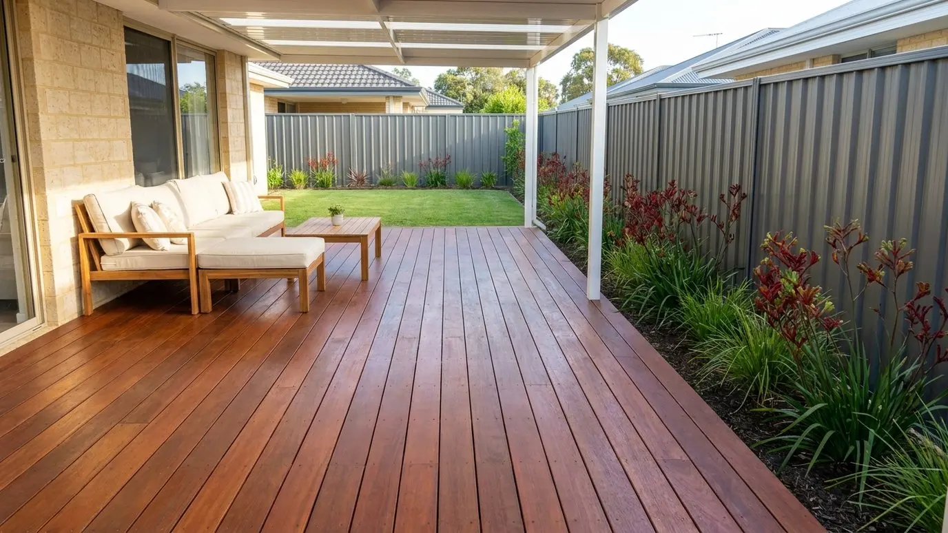 New jarrah deck under a powder coated patio cover at a Perth home, lawn and native planting beyond