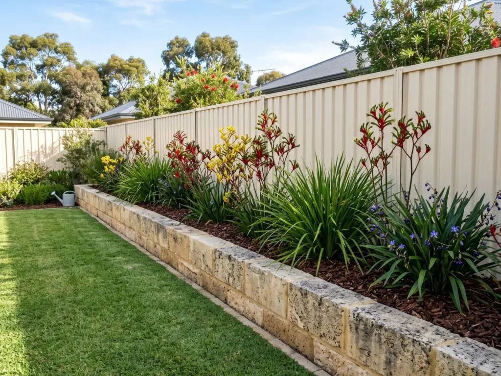 Raised limestone block garden beds planted with kangaroo paw and Lomandra in fresh mulch