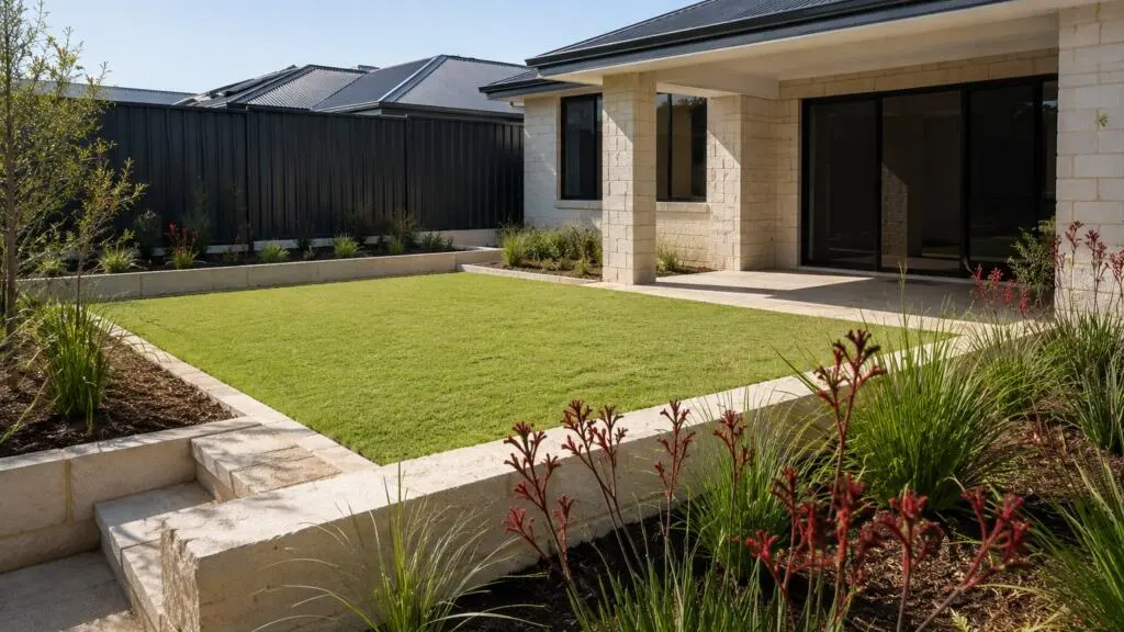 Perth backyard built out with limestone retaining walls, paving, level lawn and native planting