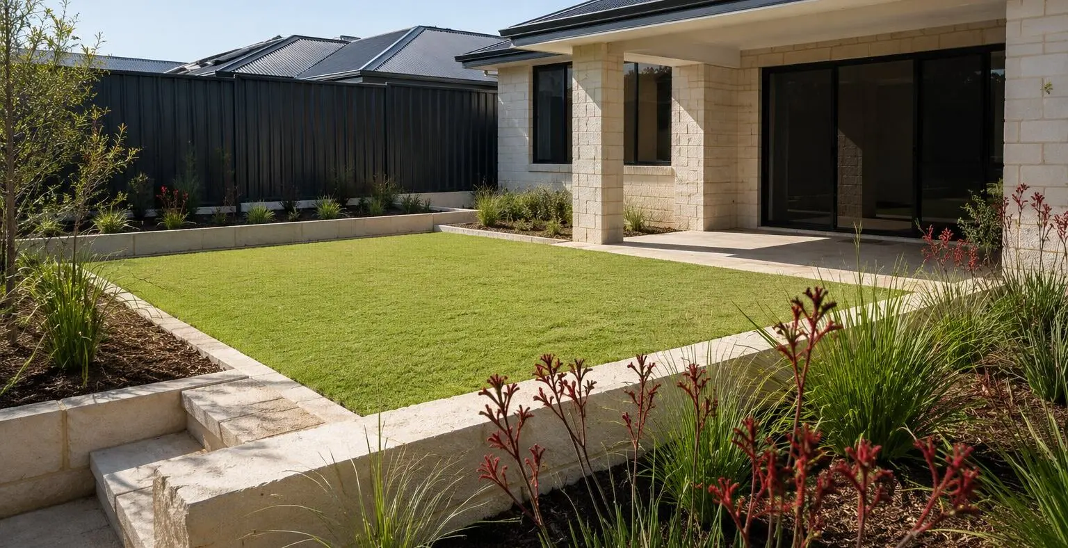 Perth backyard built out with limestone retaining walls, paving, level lawn and native planting