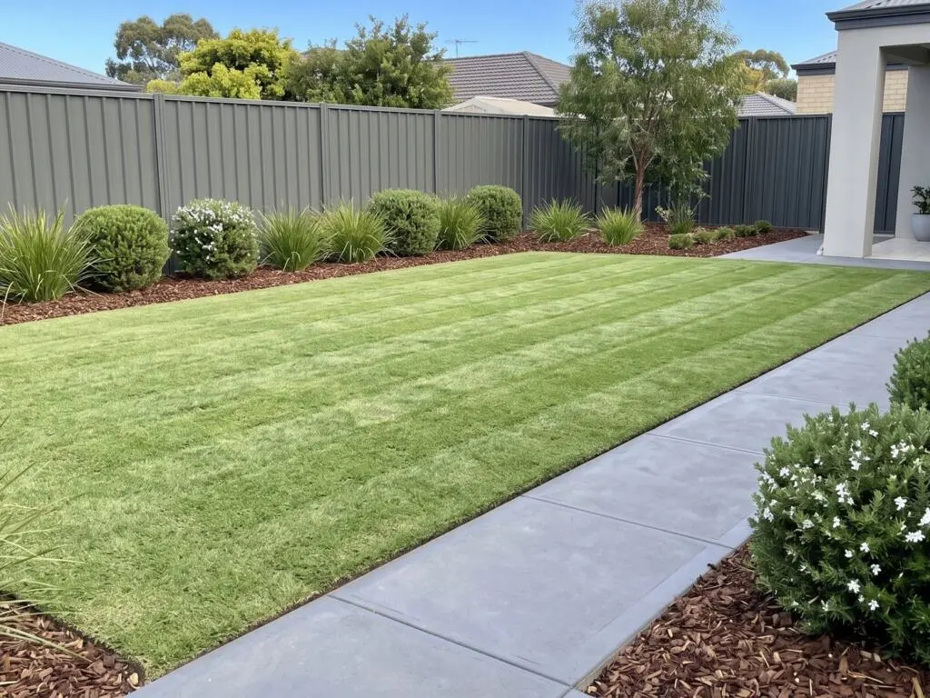Freshly mown striped lawn with clipped hedging along a Colorbond fence