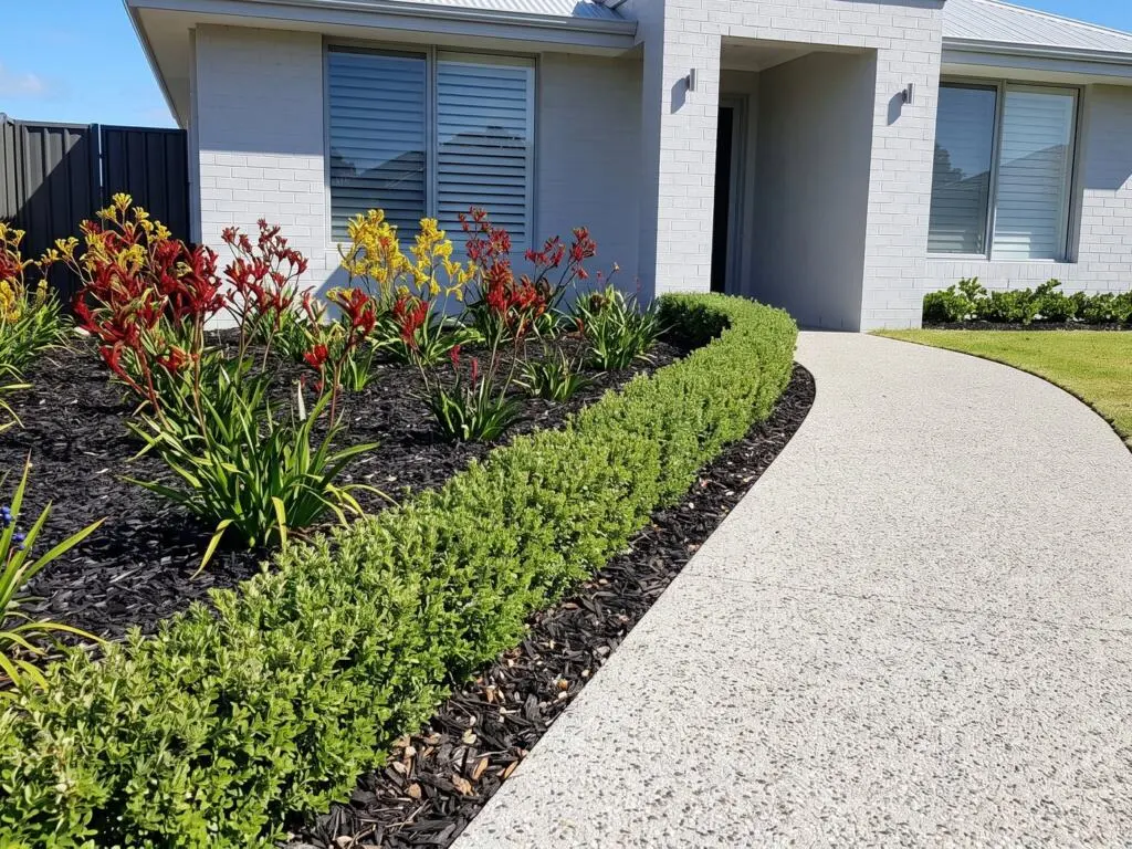 Maintained Perth front garden with kangaroo paw beds and an exposed aggregate path