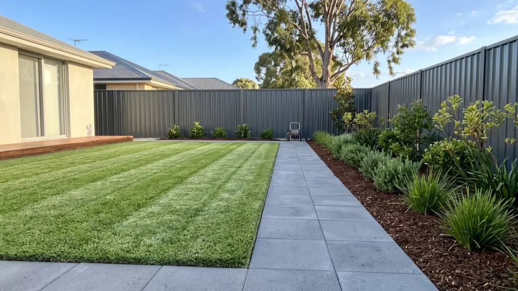 Maintained Perth backyard with a freshly mown couch lawn, cut edges and trimmed native garden beds