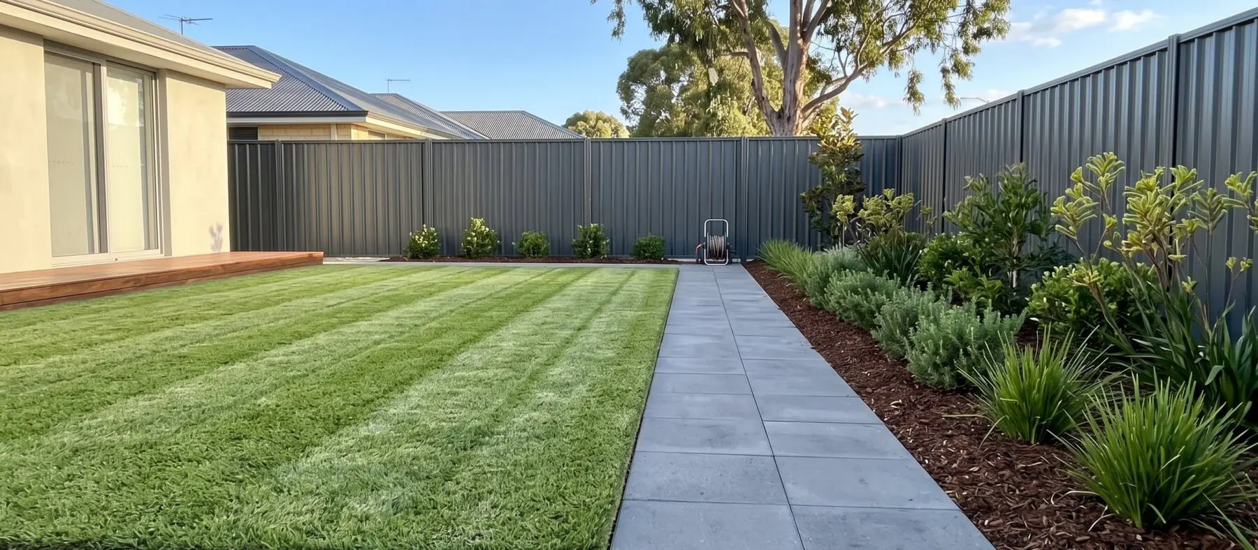 Maintained Perth backyard with a freshly mown couch lawn, cut edges and trimmed native garden beds