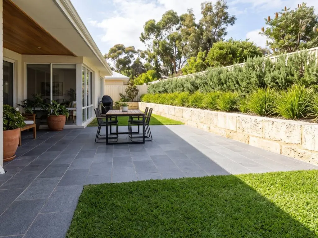 Paved patio laid tight to a Perth home with a limestone block retaining wall behind