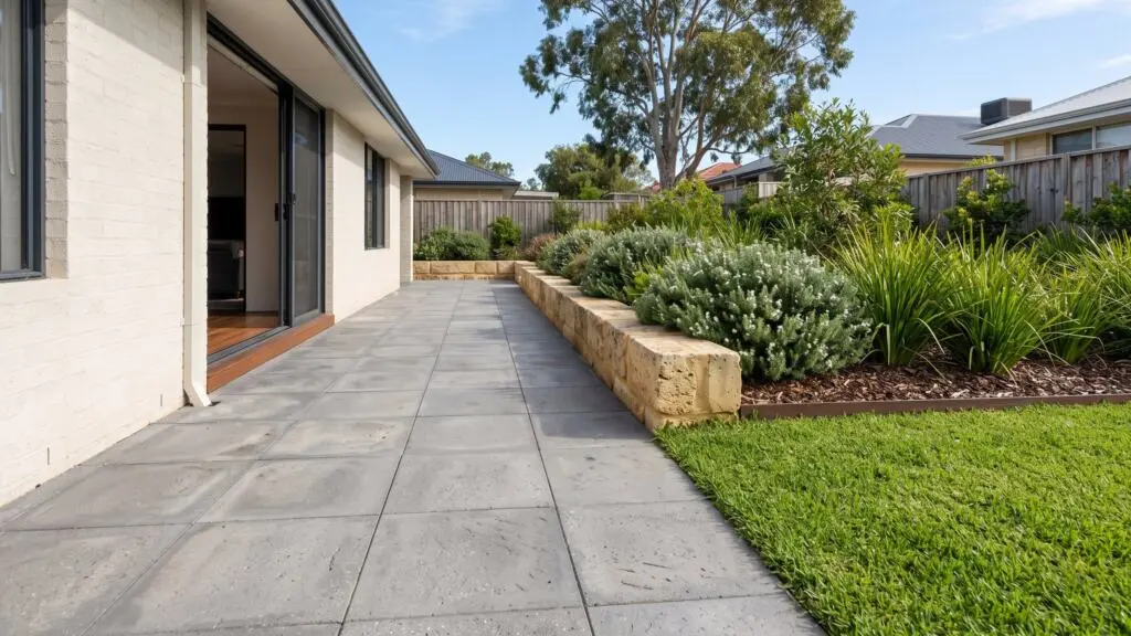 Paved outdoor living area running out to limestone retaining and native garden beds in a Perth backyard