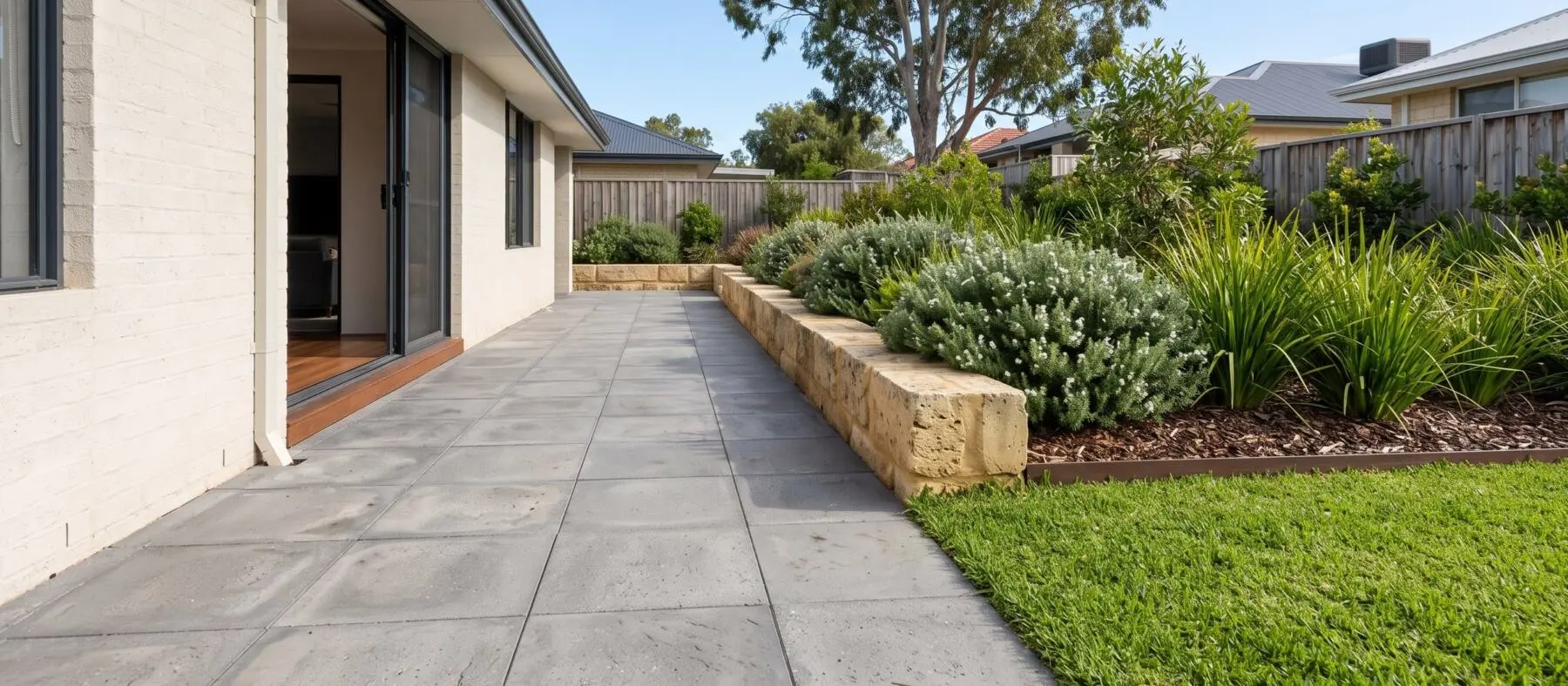 Paved outdoor living area running out to limestone retaining and native garden beds in a Perth backyard