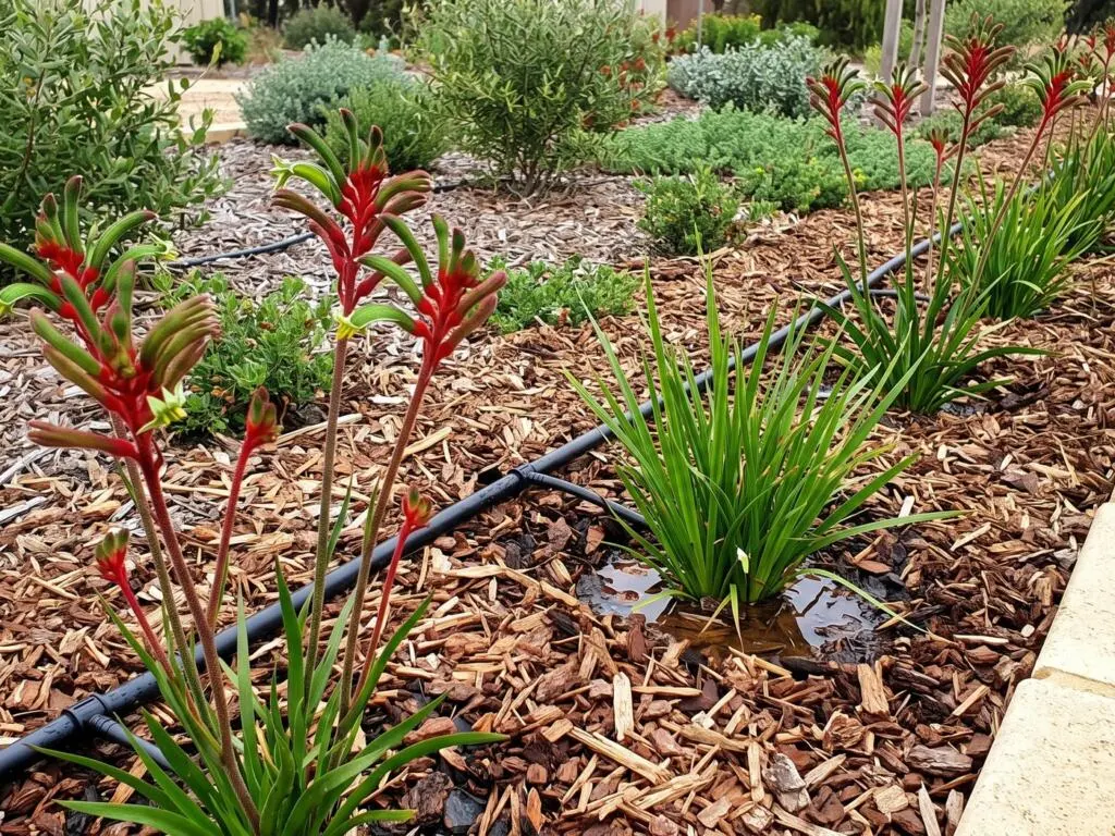 Dripline reticulation running through mulch in a native Perth garden bed