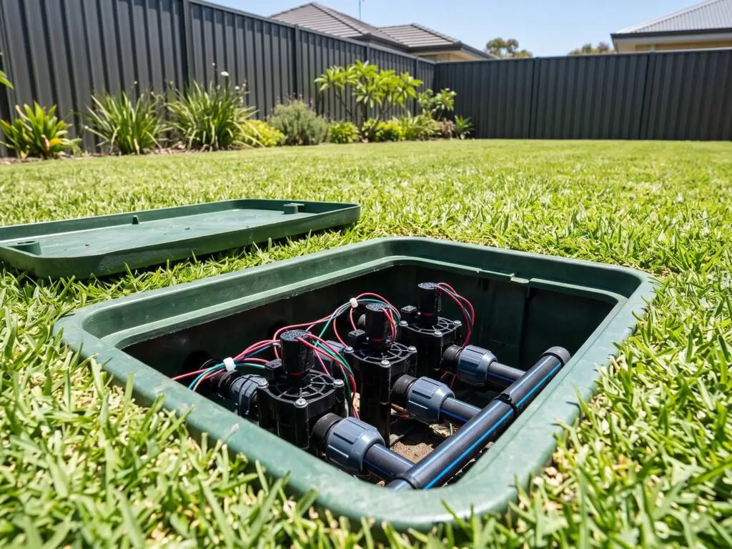 Open reticulation valve box with solenoids set flush into a couch lawn