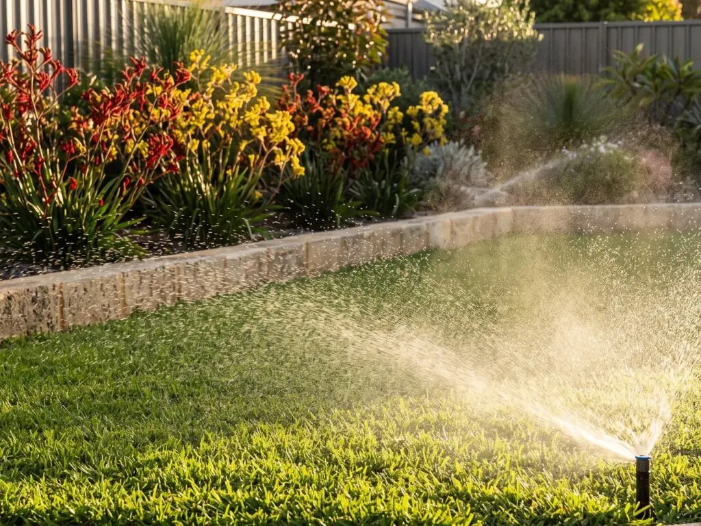 Pop-up sprinkler running over a healthy couch lawn beside a kangaroo paw garden bed