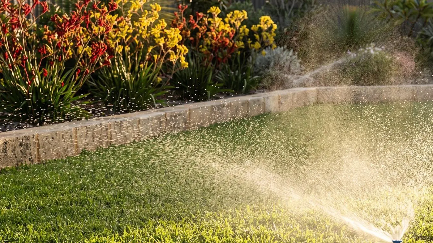 Pop-up sprinkler running over a healthy couch lawn beside a kangaroo paw garden bed