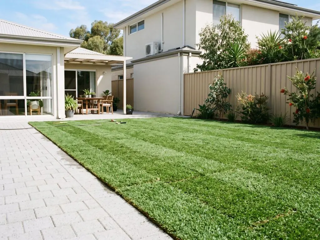 Tiftuf couch turf being laid in a Perth backyard with the rolls butted tight and edges cut straight