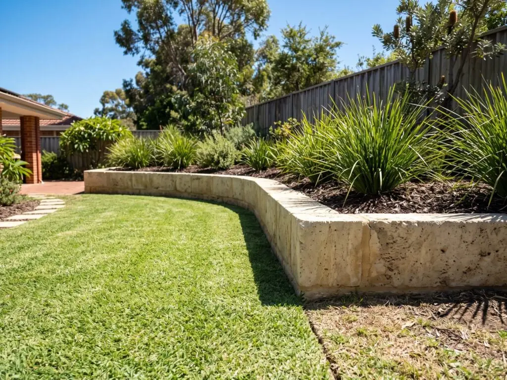 Established couch lawn cut sharp against a limestone retaining wall in a Perth backyard