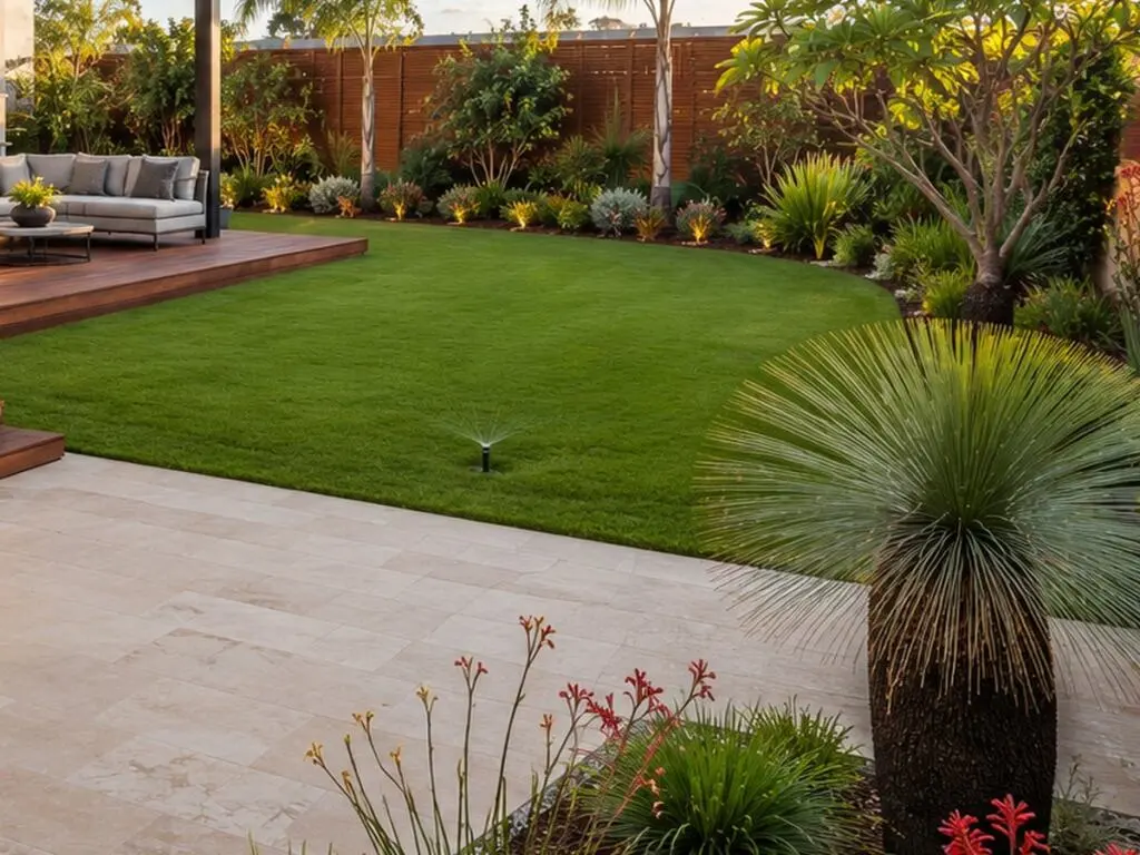Even green lawn with reticulation running, edged against limestone paving