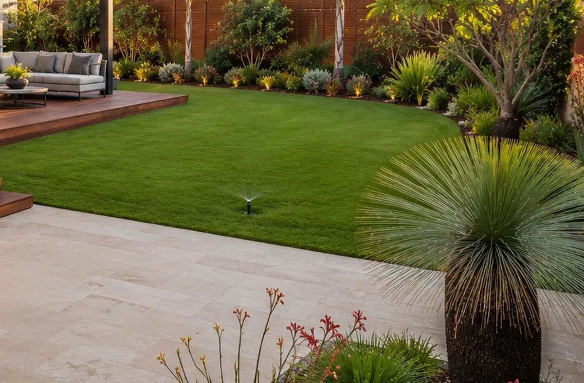 Even green lawn with reticulation running, edged against limestone paving